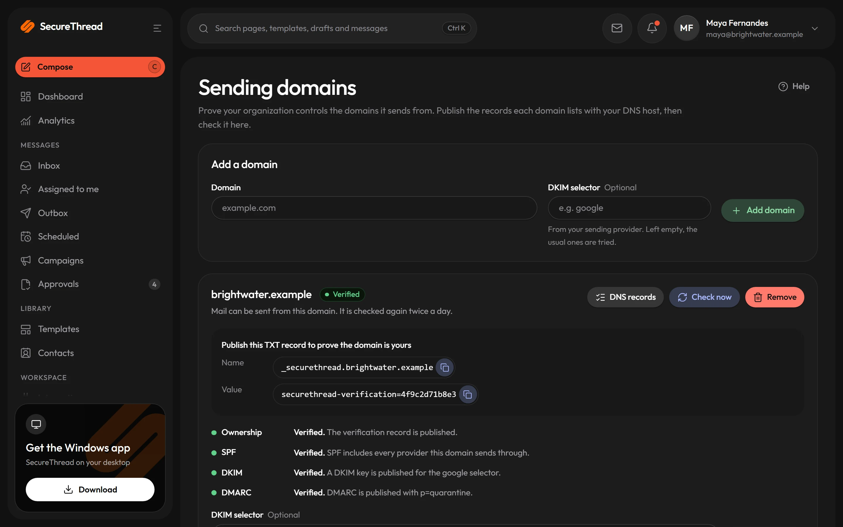 Sending domains: SPF, DKIM and DMARC records and their verification state