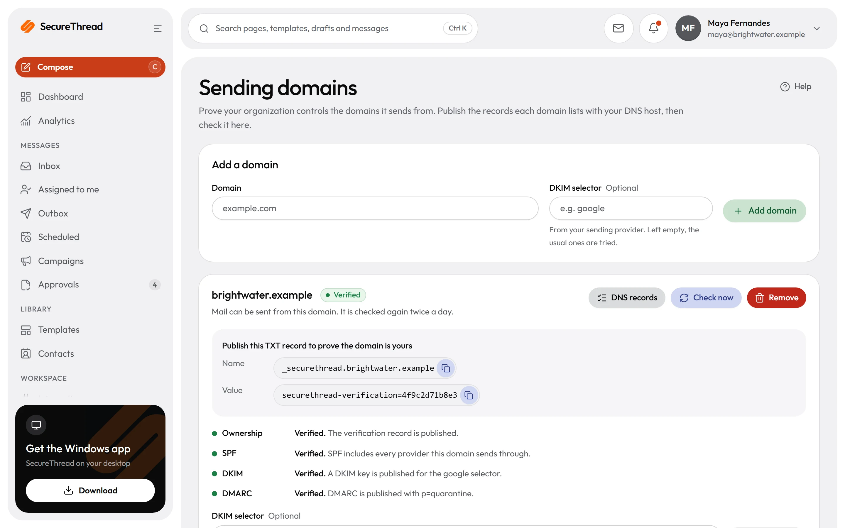 Sending domains: SPF, DKIM and DMARC records and their verification state